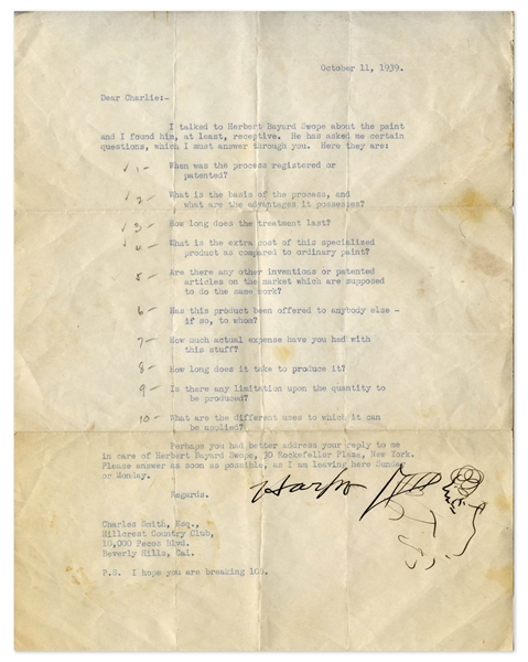 ''The Marx Brothers'' Signed by All Five Brothers: Groucho, Harpo, Chico, Gummo & Zeppo -- Along With Harpo Marx Letter Signed With Self-Portrait Sketch of Him Playing the Harp